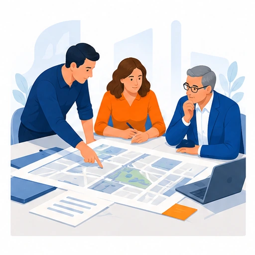 Illustratie: projectleider, opdrachtgever en adviseur bespreken dezelfde projectsituatie.